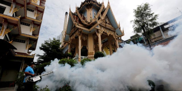 A city worker fumigates area to control the spread of mosquitoes at a temple in Bangkok