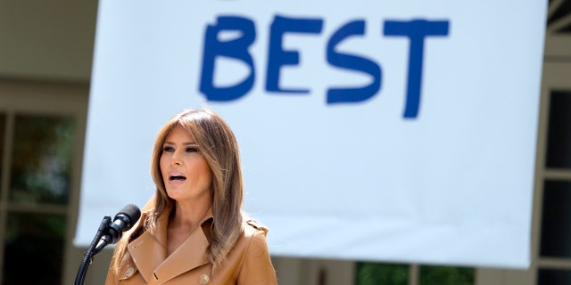 In this May 7, 2018, file photo, first lady Melania Trump speaks on her initiatives during an event in the Rose Garden of the White House in Washington.