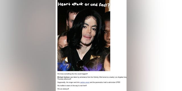 Perez Hilton's original post after Michael Jackson was admitted to the hospital. After being slammed for his controversial remarks, Hilton has since deleted the post.