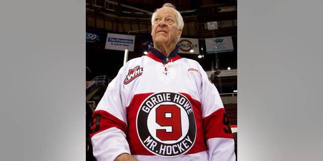 FILE- In this Feb. 2, 2013, file photo, hockey great Gordie Howe, part owner of the Western Hockey League's Vancouver Giants, looks on during a team news conference in Vancouver, British Columbia. Gordie Howe has another stroke, this one "significant," his daughter says. Therapists tending to Howe arrived at the daughter's house Monday, Dec. 1, 2014, and found him nonresponsive in bed.(AP Photo/The Canadian Press, Darryl Dyck, File)