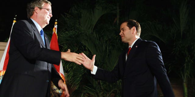 CORAL GABELS, FL - NOVEMBER 02: Republican nominee for Florida U.S. Senator Marco Rubio (R) is greeted by former Governor of Florida Jeb Bush during his "Reclaim America Victory Celebration" at the Biltmore Hotel on November 2, 2010 in Coral Gables, Florida. Results show that Rubio has clinched the Florida Senate seat against his opponents, Independent candidate and Florida Gov. Charlie Crist and Democratic candidate Rep. Kendrick Meek (D-FL). (Photo by Joe Raedle/Getty Images) *** Local Caption *** Marco Rubio;Jeb Bush