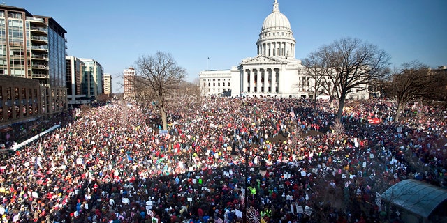 March 12, 2011: Protesters attend a rally at the Wisconsin Capitol in Madison.