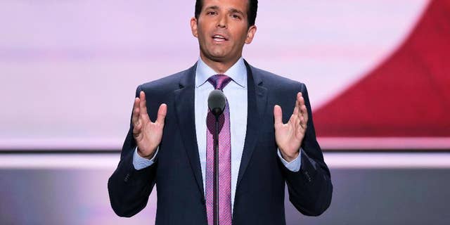 July 19, 2016: Donald Trump, Jr., son of Republican Presidential Candidate Donald Trump, speaks at the Republican National Convention in Cleveland. The Anti-Defamation League is calling for Donald Trump's oldest son to apologize for making what appeared to be a Holocaust-themed joke.