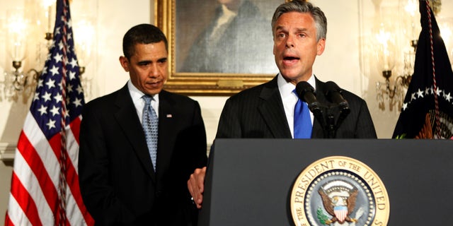 In this May 16, 2009, file photo Utah Governor Jon Huntsman speaks in the Diplomatic Room of the White House in Washington after President Barack Obama, left, announced his nomination to U.S. ambassador to China. (AP)