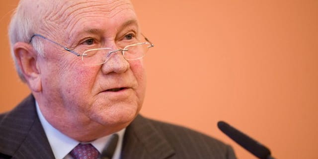 South Africa's last apartheid president FW de Klerk, pictured here on November 10, 2009. De Klerk was discharged from hospital on Wednesday following an operation to have a pacemaker fitted, paying tribute to his ailing successor Nelson Mandela's legacy of reconciliation.