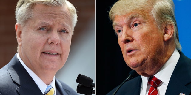 In this combination made from file photos, Republican presidential candidate, U.S. Sen. Lindsey Graham, R-S.C., left, speaks in Central, S.C., and fellow Republican candidate, real estate mogul Donald Trump, speaks in Las Vegas. In response to Trump's recent derogatory comments about Mexican immigrants, Graham says his rival is a "wrecking ball" for the future of the GOP with Hispanic voters, and is calling on the party to push back. (AP Photo/Rainier Ehrhardt, John Locher, File)