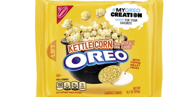 Kettle Corn Oreos feature golden wafers with a kettle corn-flavored creme and puffed millet bits.