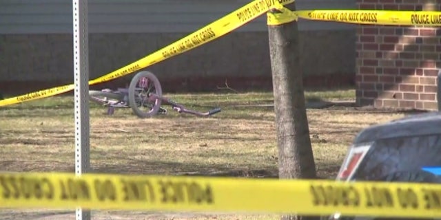 A pink bike is seen on the lawn of the home where a mother and her three children were found dead May 3.