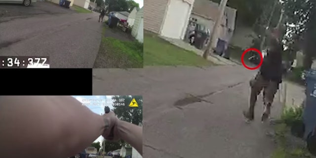 This June 23, 2018, image from multiple police cam videos provided by the Minneapolis Police Department shows a chase between Officers Justin Schmidt and Ryan Kelly and suspect Thurman Blevins, in Minneapolis.