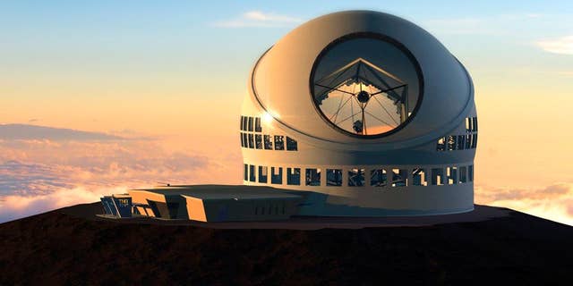FILE - This undated file artist rendering made available by the TMT Observatory Corporation shows the proposed Thirty Meter Telescope, planned to be built atop Mauna Kea, a large dormant volcano in Hilo on the Big Island of Hawaii in Hawaii. (AP Photo/TMT Observatory Corporation, File)