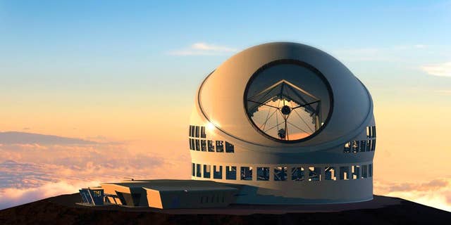 FILE - This undated file artist rendering made available by the TMT Observatory Corporation shows the proposed Thirty Meter Telescope, planned to be built atop Mauna Kea, a large dormant volcano in Hilo on the Big Island of Hawaii in Hawaii. Seven people protesting a giant telescope atop Mauna Kea have been arrested, early Friday, July 31, 2015, for defying an emergency rule created to prevent camping on the mountain that is held sacred by Native Hawaiians. (AP Photo/TMT Observatory Corporation, File) NO SALES; MANDATORY CREDIT