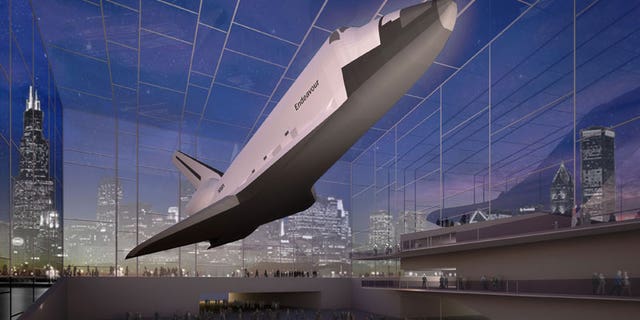The Adler Planetarium's state-of-the-art glass pavilion and learning center would suspend a shuttle against the backdrop of Lake Michigan to one side and the Chicago, Illinois skyline to the other.