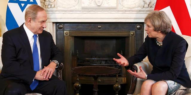 British Prime Minister Theresa May, right, meets with Israeli Prime Minister Benjamin Netanyahu on Feb. 6.