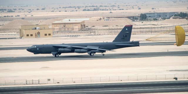 A U.S. Air Force B-52 Stratofortress aircraft arriving in Qatar on April 9.