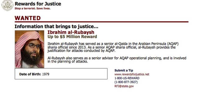 This wanted poster shows a mugshot of Ibrahim al-Rubaish, the top cleric of Yemen's Al Qaeda branch.
