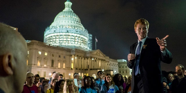 WASHINGTON, DC - June 23: Rep. Joe Kennedy III (D-MA) speaks to supporters of House Democrats taking part in a sit-in on the House Chamber outside the U.S. Capitol on June 23, 2016 in Washington, DC. House Republicans attempted to end the 16-hour sit-in by Democrats early Thursday morning by adjourning for a recess through July 5. (Photo by Pete Marovich/Getty Images)