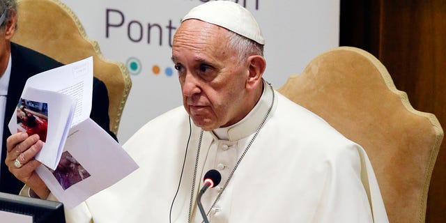 Pope Francis begs forgiveness for 'deplorable' abuses to native children in Canada schools Pope Francis show pictures of killed children during a meeting with the Scholas Occurrentes, an educational organization founded by the pontiff, on May 29, 2016.