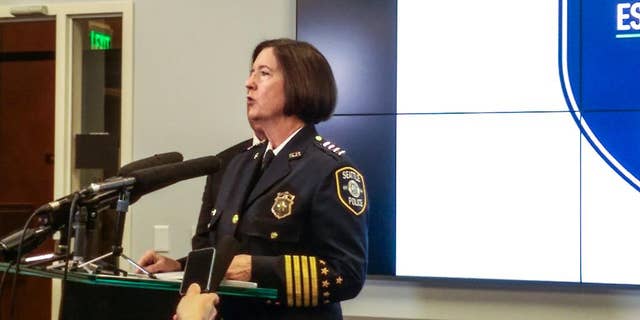 Seattle Police Chief Kathleen O'Toole speaks to reporters during a news conference Monday, April 11, 2016, in Seattle. Multiple body parts — including a foot — found in a homeowner's recycling bin likely belong to a woman who was reported missing Saturday morning, Seattle police said Monday. (Lynsi Burton/seattlepi.com via AP) MAGS OUT; NO SALES; SEATTLE TIMES OUT; TV OUT; MANDATORY CREDIT
