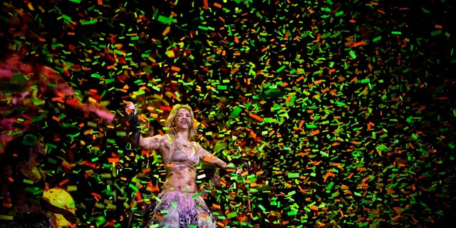 Colombia's star singer Shakira performs during "The Sun Comes Out World Tour" concert in Barcelona, Spain, Sunday night, May 29, 2011. (AP Photo/Emilio Morenatti)