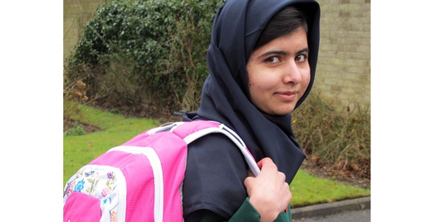 Image made available by her press office of Malala Yousafzai, the Pakistani schoolgirl shot in the head by the Taliban, as she attends her first day of school on Tuesday March 19, 2013 just weeks after being released from hospital.