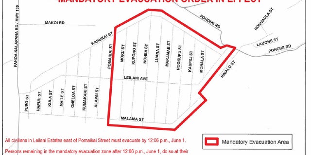A map shows the mandatory evacuation area covering a portion of the Leilani Estates development on Hawaii's Big Island.