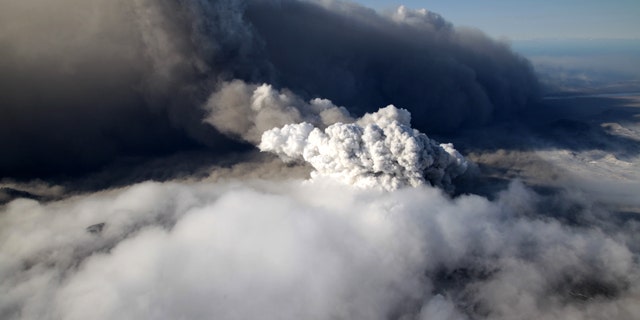 April 19: This aerial photo shows a plume of ash rising from the volcano in southern Iceland's Eyjafjallajokull glacier.