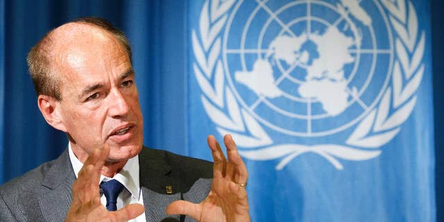 FILE - In this file photo dated Tuesday, Sept. 30, 2014, WWF's Director General Marco Lambertini presents the Living Planet Report 2014 at the European headquarters of the United Nations in Geneva, Switzerland, Tuesday, Sept. 30, 2014. The director-general of the WWF, Lambertini said Tuesday April 12, 2016, said WWF hopes to “capitalize” on the momentum of growing public awareness about world wide conservation, while substantially reducing the number of workers at its Swiss headquarters. (Salvatore Di Nolfi/Keystone via AP, FILE)