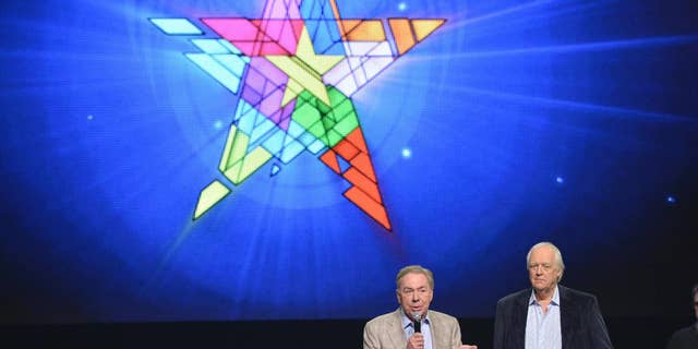 FILE - In this April 4, 2014 file photo, composer Andrew Lloyd Webber, left, and lyricist Tim Rice announce the new "Jesus Christ Superstar" North American arena tour at a press conference in New York. NBC announced Wednesday, May 10, 2017, that it will bring to broadcast television “Jesus Christ Superstar Live!,” the iconic 1971 Broadway rock opera by Webber and Rice. They will serve as executive producers with Marc Platt, Craig Zadan and Neil Meron. (Photo by Evan Agostini/Invision/AP, File)