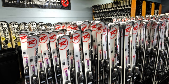 January 2013: Skis for rent at the Ski & Ride Center at Schweitzer Mountain Resort in Sandpoint, Idaho.