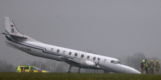 March 7, 2013: The scene of a plane crash at Dublin Airport after the front wheel of the Bin Air aircraft buckled on landing causing the accident on the runway.