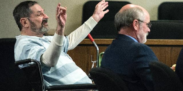 FILE- In this March 27, 2015, file photo, Frazier Glenn Miller, left, appears in court at the Johnson County Courthouse, in Olathe, Kan., where he asked for his right to a speedy trial. Frazier Glenn Miller, who is accused of killing three people at two Jewish centers, told The Associated Press in a phone call from jail on Monday, April 27, 2015, that he doesn't think he has much longer to live and wants a chance to speak in court about why he committed the crimes. (John Sleezer/The Kansas City Star via AP, File)