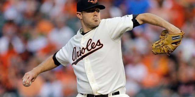 Baltimore Orioles starting pitcher Chris Tillman throws to the St. Louis Cardinals in the first inning of an interleague baseball game, Friday, Aug. 8, 2014, in Baltimore. (AP Photo/Patrick Semansky)