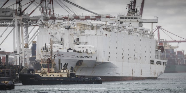 April 9: The Awassi Express is seen docked at the port of Fremantle, Perth, Australia.