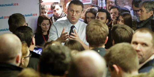 Russian opposition leader Alexei Navalny speaking with supporters at the opening of his campaign office in St. Petersburg last Saturday.