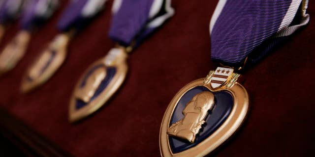 Purple Hearts are seen prior to a ceremony in Washington