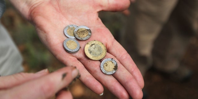 GREEN VALLEY, AZ - JULY 31: Volunteer Rebecca Fowler displays Mexican pesos found in a backpack discarded by immigrants crossing into Arizona from Mexico along a backcountry trail on July 31, 2010 near Green Valley, Arizona. She was on a patrol for the non-profit group Samaritans, which delivers water to points near the U.S. Mexico border for immigrants crossing illegally into Arizona. Samaritans volunteers also provide medical assistance for distressed migrants, who often suffer from severe dehydration while crossing the desert. Immigrant aid groups and law enforcement alike say that the number of immigrants crossing illegally into Arizona from Mexico has slowed dramatically in 2010, with jobs scarce due to the U.S. recession and widespread fear in the Latino community associated with Arizona's new immigration enforcement law SB 1070. (Photo by John Moore/Getty Images)