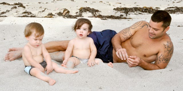 Ricky Martin poses with his sons Valentino and Matteo on August 18, 2009 in Miami, Florida.