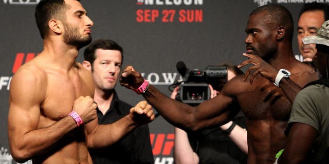 SAITAMA, JAPAN - SEPTEMBER 25: (L and R) Gegard Mousasi and Uriah Hall during the UFC weigh-in at the Saitama Super Arena on September 25, 2015 in Saitama, Japan. (Photo by Mitch Viquez/Zuffa LLC/Zuffa LLC via Getty Images)