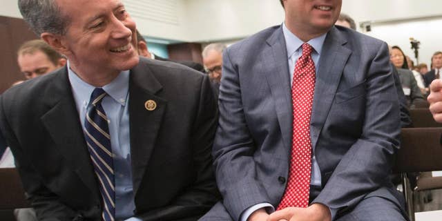FILE - In this June 9, 2016, file photo, House Intelligence Committee Chairman Rep. Devin Nunes, R-Calif., right, and House Armed Services Committee Chairman Rep. Mac Thornberry, R-Texas, left, talk in Washington. Russia’s violation of a key nuclear arms control treaty has become more egregious, Nunes and Thornberry said in a letter released Oct. 19, that urged the Obama administration to confront and impose penalties against Moscow. (AP Photo/J. Scott Applewhite, File)