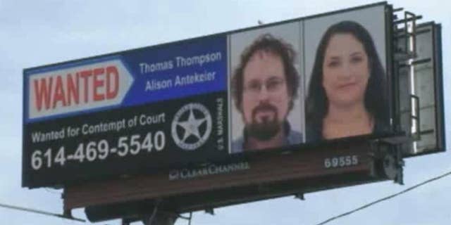 This image from undated video provided by WSYX-TV shows the wanted billboard for fugitives Tommy Thompson and Alison Antekeier. The U.S. Marshals Service captured former fugitive Tommy Thompson at a Hilton hotel in West Boca Raton on Tuesday Jan. 27, 2015. Thompson had been on the lam for two years, accused of cheating investors out of their share of $50 million in gold bars and coins he had recovered from the 19th century shipwreck S.S. Central America. (AP Photo/WSYX-TV)