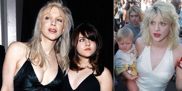 Frances Bean Cobain with mom Courtney Love (l) in 2007 and mom and dad Kurt Cobain (r) in 1994.