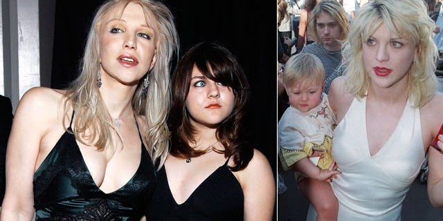 Frances Bean Cobain with mom Courtney Love (l) in 2007 and mom and dad Kurt Cobain (r) in 1994.