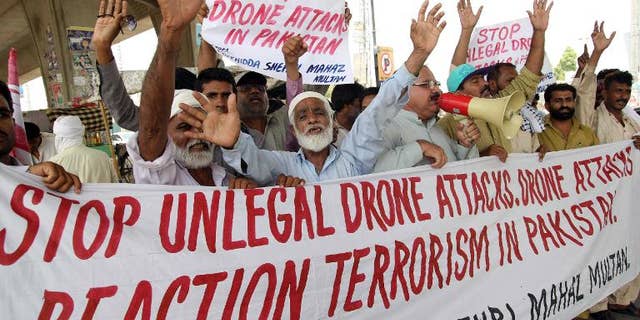 Pakistani demonstrators protest against US drone strikes in tribal areas, on July 14, 2013