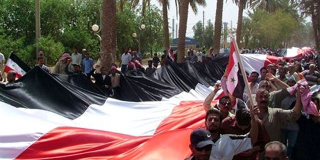 July 28: In this photo released by the Syrian official news agency SANA, Syrian pro-government supporters carry a giant national flag during a rally in the eastern province of Deir el-Zour. A global campaigning organization said Thursday that one person disappears in Syria every hour and that almost 3,000 people have gone missing since the start of the uprising against President Bashar Assad more than four months ago.