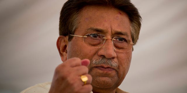 April 15, 2013 -Pakistan's former President and military ruler Pervez Musharraf addresses his party supporters at his house in Islamabad, Pakistan.
