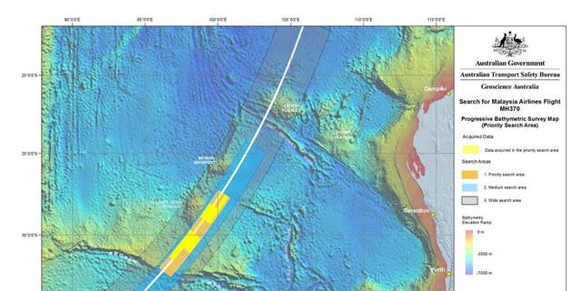In this map released on July 31, 2014, by the Joint Agency Coordination Centre, details are presented in the search for the missing Malaysia Airlines Flight 370 in the southern Indian Ocean. Australian Transport Minister Warren Truss said on Wednesday, Aug. 6, 2014, that Dutch contractor Fugro Survey Pty. Ltd. will conduct the underwater search for the Malaysian airliner that crashed off the Australian coast in March. (AP Photo/Joint Agency Coordination Centre) EDITORIAL USE ONLY