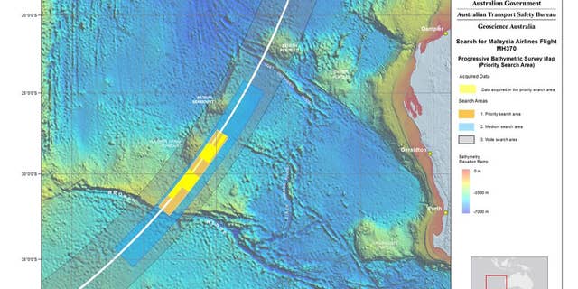 In this map released on July 31, 2014, by the Joint Agency Coordination Centre, details are presented in the search for the missing Malaysia Airlines Flight 370 in the southern Indian Ocean. Australian Transport Minister Warren Truss said on Wednesday, Aug. 6, 2014, that Dutch contractor Fugro Survey Pty. Ltd. will conduct the underwater search for the Malaysian airliner that crashed off the Australian coast in March. (AP Photo/Joint Agency Coordination Centre) EDITORIAL USE ONLY