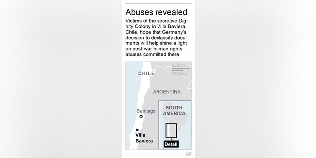 Map locates Villa Baviera, Chile; 1c x 3 1/2 inches; 46.5 mm x 88 mm;