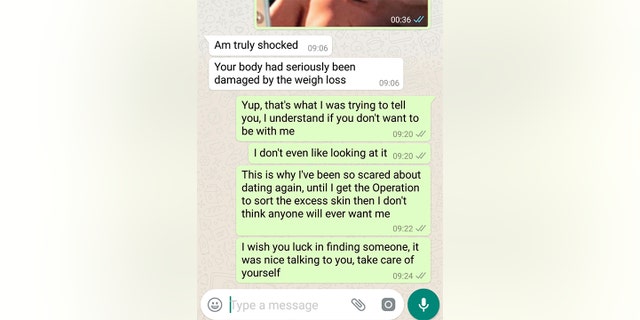 Hails says she's been rejected by multiple men on Tinder after sending them pics of her excess skin.