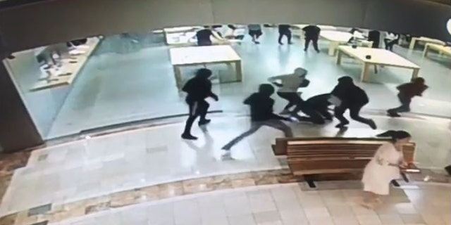 Five men stole Apple devices worth about $29,000 from an Apple Store in Southern California on Monday night, police said.